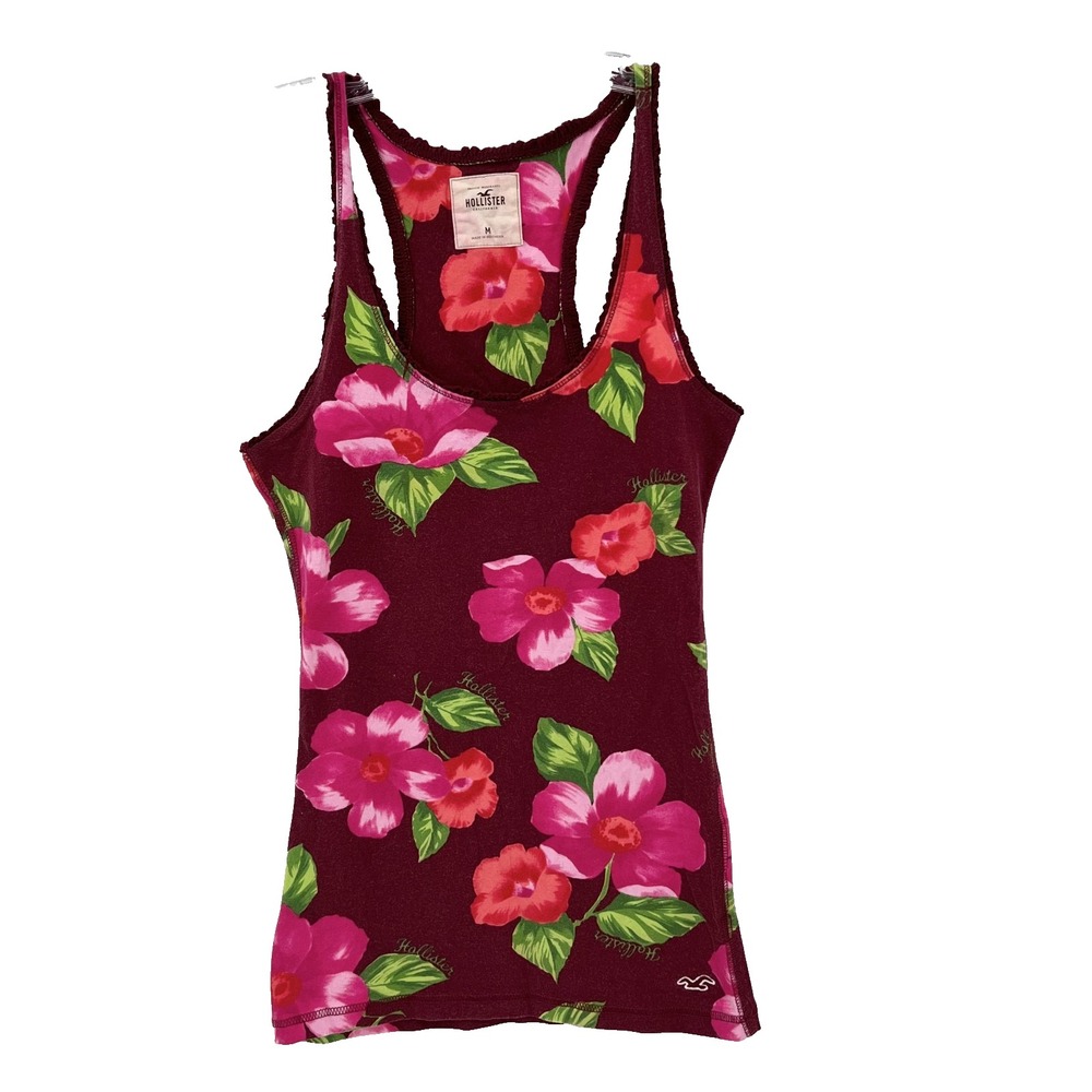 HOLLISTER Women's M Vintage Maroon Floral Print Crochet Trim Racerback Tank Top